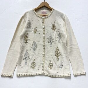 Vintage Christmas Cardigan Sweater Womens Small Cream Silver Beads Sequins Trees